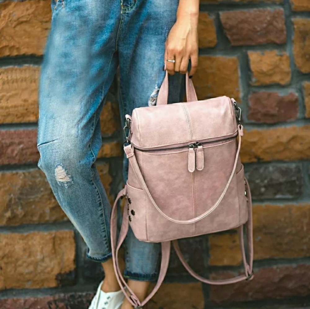 SALE $38-Pink Vegan Leather Backpack - Picture 2 of 8
